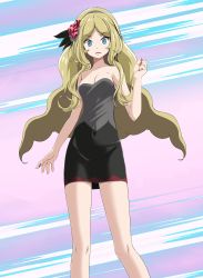 Rule 34 | 1girl, bare arms, bare legs, black skirt, blonde hair, blue eyes, breasts, caitlin (fall 2021) (pokemon), caitlin (pokemon), cleavage, collarbone, covered navel, creatures (company), d:, floating hair, game freak, grey hairband, grey shirt, hairband, highres, long hair, looking at viewer, miniskirt, nail polish, nintendo, open mouth, parted bangs, pencil skirt, pokemon, pokemon masters ex, red nails, shirt, skirt, small breasts, solo, standing, strapless, strapless shirt, tsukishiro saika, very long hair
