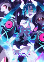 Rule 34 | 1girl, aqua hair, bare shoulders, black thighhighs, creatures (company), detached sleeves, duskull, game freak, gen 3 pokemon, ghost, ghost miku (project voltage), glitch, grey shirt, hair over one eye, hatsune miku, highres, long hair, necktie, nintendo, open mouth, pale skin, pokemon, pokemon (creature), project voltage, see-through, see-through skirt, shirt, skirt, sleeves past fingers, sleeves past wrists, thighhighs, twintails, very long hair, vocaloid, will-o&#039;-the-wisp (mythology), yellow eyes, yohki