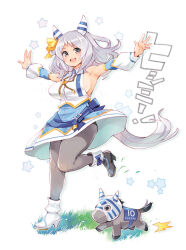 Rule 34 | 1girl, animal ears, armpits, arms up, asymmetrical footwear, black footwear, black pantyhose, boots, breasts, brown eyes, character name, chibi, chibi inset, commentary, detached sleeves, dress, ear covers, ear ornament, full body, gem, grass, grey hair, hair ornament, high heel boots, high heels, hishi miracle (racehorse), hishi miracle (umamusume), horse, horse ears, horse girl, horse tail, large breasts, long sleeves, looking at viewer, medium hair, mismatched footwear, open mouth, pantyhose, plump, puffy sleeves, ryoji (nomura ryouji), sash, sideboob, simple background, sleeveless, sleeveless dress, smile, solo, standing, standing on one leg, string, tail, thick thighs, thighs, umamusume, white background, white dress, white footwear