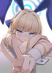 Rule 34 | 1girl, absurdres, animal ears, blonde hair, blue archive, blue eyes, blue halo, blunt bangs, blush, bunny day, closed mouth, commentary request, fake animal ears, foreshortening, halo, highres, long hair, looking at viewer, olecafe2, rabbit ears, solo, toki (blue archive), toki (bunny) (blue archive), upper body, v