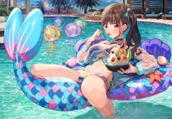 Rule 34 | 1girl, beach chair, bikini, breasts, brown eyes, brown hair, choker, cleavage, commentary request, dessert, eating, food, fruit, highres, idolmaster, idolmaster shiny colors, inflatable raft, inflatable toy, joey koguma, large breasts, layered bikini, looking at viewer, multicolored bikini, multicolored clothes, navel, palm tree, pillow, pool, red eyes, shaved ice, side-tie bikini bottom, side ponytail, solo, sonoda chiyoko, swimsuit, thighs, tree, wading, water, wet