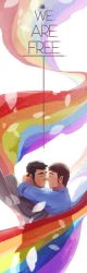 Rule 34 | 2boys, absurdres, backlighting, beard, black hair, boogbogex, brown hair, closed eyes, english text, face-to-face, facial hair, hand on another&#039;s neck, highres, hug, imminent kiss, lgbt pride, male focus, multiple boys, noses touching, original, rainbow, rainbow flag, sleeves rolled up, standing, upper body, yaoi