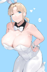 Rule 34 | 1girl, animal ears, bare shoulders, blonde girl (okpriko), blonde hair, blue background, blue eyes, bow, bowtie, breasts, cleavage, commentary, detached collar, egg, hands on own hips, heart, high heels, highres, large breasts, leotard, looking at viewer, okpriko, one eye closed, original, pantyhose, playboy bunny, rabbit ears, short ponytail, simple background, smile, solo, strapless, strapless leotard, tareme, white bow, white bowtie, white footwear, white pantyhose, wrist cuffs