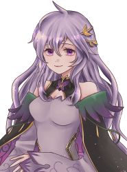 Rule 34 | 1girl, bare shoulders, breasts, deirdre (fire emblem), dress, fire emblem, fire emblem: genealogy of the holy war, fire emblem heroes, hair between eyes, hair ornament, highres, long hair, looking at viewer, medium breasts, nintendo, official alternate costume, purple dress, purple eyes, purple hair, run illust, smile, solo, white background