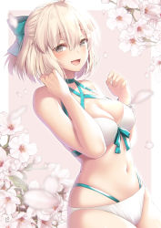 Rule 34 | 1girl, absurdres, adjusting hair, ahoge, aqua bow, bad id, bad twitter id, bare arms, bare shoulders, bikini, blonde hair, blush, border, bow, breasts, cherry blossoms, choker, cleavage, collarbone, commentary request, cowboy shot, fate/grand order, fate (series), flower, front-tie bikini top, front-tie top, green bow, grey eyes, half updo, halterneck, hand in own hair, hands up, highres, large breasts, looking at viewer, medium breasts, multi-strapped bikini, navel, okita j. souji (fate), okita j. souji (third ascension) (fate), okita souji (fate), okita souji (koha-ace), open mouth, petals, pink background, short hair, signature, smile, solo, stomach, suzuki nene, swimsuit, white bikini, white border, white flower