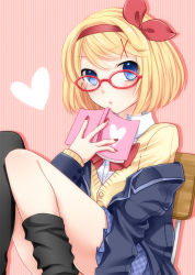 Rule 34 | 1girl, bespectacled, blonde hair, blue eyes, book, glasses, hair ornament, hair ribbon, hairclip, holding, holding book, kagamine rin, looking at viewer, ribbon, school uniform, short hair, sitting, solo, vocaloid, yayoi (egoistic realism)