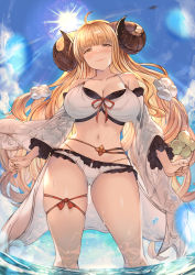 Rule 34 | 1girl, ahoge, aldehyde, anila (granblue fantasy), anila (summer) (granblue fantasy), belly chain, bikini, blonde hair, blunt bangs, blush, breasts, cleavage, day, detached sleeves, draph, granblue fantasy, highres, horns, jewelry, large breasts, long hair, looking at viewer, navel, outdoors, sheep horns, short eyebrows, skindentation, smile, solo, stomach, swimsuit, very long hair, wading, wet, yellow eyes