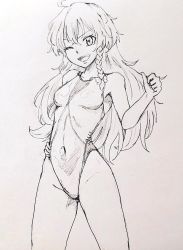 Rule 34 | 1girl, ahoge, braid, commentary request, competition school swimsuit, competition swimsuit, covered navel, cowboy shot, d-m (dii emu), female focus, greyscale, hair between eyes, hand on own hip, kirisame marisa, long hair, looking at viewer, monochrome, one-piece swimsuit, one eye closed, open mouth, school swimsuit, side braid, simple background, solo, swimsuit, thighs, touhou, traditional media, very long hair, wavy hair