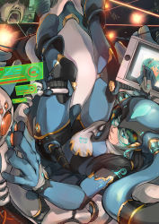 Rule 34 | 1girl, black hair, blue bodysuit, blue eyes, blue footwear, bodysuit, boots, breasts, cable, cockpit, commentary request, drawing tablet, elbow gloves, full body, gloves, hair ornament, hair tie, hatsune miku, helmet, highres, holding, holding pen, holographic interface, holographic touchscreen, knee pads, long hair, looking back, mecha, nose, open mouth, original, pen, perspective, pilot, pilot suit, robot, science fiction, sitting, solo, somehira katsu, stylus, twintails, vocaloid
