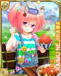 Rule 34 | 1girl, bench, bowl, button, card, character name, chopsticks, clenched teeth, food, girlfriend (kari), holding, jewelry, looking at viewer, nejikawa raimu, official art, open mouth, outdoors, overalls, park, pink hair, purple eyes, qp:flapper, shirt, smile, solo, suspenders, table, tagme, teeth, tool, twintails, white shirt, wrench, yellow background