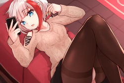 Rule 34 | 1girl, admiral graf spee (azur lane), admiral graf spee (daily peaceful life) (azur lane), admiral graf spee (peaceful daily life) (azur lane), aran sweater, azur lane, black skirt, blue eyes, breasts, brown sweater, cable knit, cellphone, clothing cutout, food, food on hand, highres, looking at viewer, lying, multicolored hair, no tail, official alternate costume, on back, panties, phone, ryou (ryo 217cafe), short hair, shoulder cutout, skirt, streaked hair, sweater, underwear, white hair, white panties