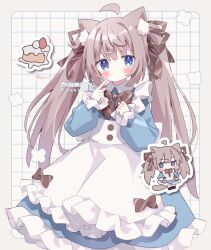 Rule 34 | 1girl, ahoge, animal ear fluff, animal ears, apron, blue dress, blue eyes, blush, bow, brown bow, brown hair, brown ribbon, cake, cake slice, cat ears, cat girl, cat tail, closed mouth, collared dress, commentary request, diagonal-striped bow, diagonal-striped ribbon, dress, food, frilled apron, frilled dress, frills, hair ornament, hair ribbon, hairclip, hands up, highres, long hair, long sleeves, looking at viewer, nakkar, original, puffy long sleeves, puffy sleeves, ribbon, sleeves past wrists, tail, translation request, twintails, twitter username, very long hair, white apron, x hair ornament