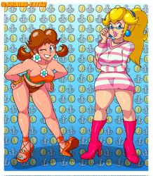 Rule 34 | 2girls, bent over, blonde hair, blue eyes, boots, breasts, brown hair, cleavage, coin, earrings, flower earrings, friends, full body, gold coin, grin, hand on own hip, highres, jewelry, legs, lipstick, makeup, mario (series), medium breasts, multiple girls, nintendo, one eye closed, ponytail, princess daisy, princess peach, shining-tatsu, shiny skin, shorts, skirt, smile, sunglasses, super mario bros. 1, super mario land, tomboy, twintails, wink
