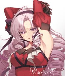 Rule 34 | 1girl, armpits, black gloves, breasts, chest tattoo, claw ring, detached sleeves, dress, drill hair, drill sidelocks, gloves, hair ribbon, hairband, hyakumantenbara salome, hyakumantenbara salome (1st costume), juliet sleeves, lanlanlap, large breasts, light purple hair, long hair, long sleeves, looking at viewer, nijisanji, open mouth, parted bangs, puffy sleeves, purple eyes, purple hairband, purple ribbon, red dress, red sleeves, ribbon, scorpion tattoo, sidelocks, simple background, solo, sparkling eyes, tattoo, twitter username, virtual youtuber, white background