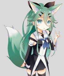 Rule 34 | 1girl, animal ears, bad id, bad pixiv id, black thighhighs, collarbone, commentary request, detached sleeves, fox ears, fox girl, fox tail, hair between eyes, hair ornament, hair ribbon, hairclip, highres, kantai collection, kemonomimi mode, long hair, looking at viewer, parted lips, pleated skirt, ribbon, school uniform, serafuku, simple background, skirt, soba (sobaya1938), solo, tail, thighhighs, yamakaze (kancolle), zettai ryouiki
