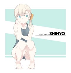 Rule 34 | 1girl, bare arms, bare legs, bare shoulders, barefoot, blonde hair, blue eyes, blunt bangs, character name, commentary, hair ornament, kantai collection, long hair, shigino sohuzi, shin&#039;you (kancolle), simple background, sitting, solo, swimsuit