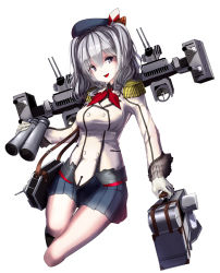 Rule 34 | 10s, 1girl, beret, binoculars, buttons, cannon, epaulettes, gloves, grey eyes, grey hair, hat, highres, jacket, junya-san, kantai collection, kashima (kancolle), kerchief, long hair, looking at viewer, machinery, miniskirt, open mouth, sidelocks, skirt, smile, solo, tsurime, turret, twintails, wavy hair
