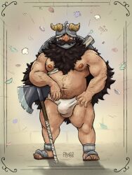 Rule 34 | 1boy, armpit hair, armpit hair peek, axe, back hair, bara, beard, belly, between pectorals, bulge, covered penis, dungeon meshi, dwarf, facial hair, fake horns, fat, fat man, food-themed background, full body, hairy, hand on own hip, helmet, highres, horned helmet, horns, inset border, long beard, looking at viewer, male focus, muscular, muscular male, mustache, pectorals, pibbnchips, planted, senshi (dungeon meshi), solo, sparse arm hair, sparse chest hair, sparse leg hair, standing, thick mustache, thick navel hair, thighs, very long beard