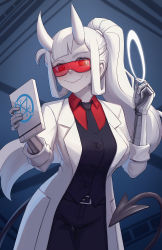 Rule 34 | 1girl, bad id, bad pixiv id, breasts, clipboard, closed mouth, coat, cowboy shot, demon, demon girl, demon tail, formal, glasses, goggles, halo, helltaker, highres, holding, holding halo, horns, lab coat, lerio (leriodraws), long hair, long sleeves, looking at viewer, loremaster (helltaker), necktie, open clothes, open coat, pale skin, pants, ponytail, red-tinted eyewear, red-tinted glasses, red goggles, red shirt, shirt, smile, solo, standing, suit, sunglasses, sweat, tail, tinted eyewear, visor, white coat, white hair, white horns