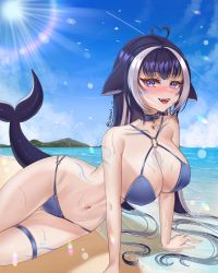 Rule 34 | 1girl, ahoge, animal ears, arm tattoo, artist name, beach, belt collar, bikini, black hair, blue bikini, blue collar, blue eyes, blue sky, blush, breasts, cetacean tail, chest tattoo, cleavage, collar, commentary, english commentary, facial tattoo, fang, fins, fish tail, halterneck, heart, heart ahoge, indie virtual youtuber, island, large breasts, leg tattoo, long hair, looking at viewer, multicolored hair, navel, open mouth, orca girl, sand, shylily, shylily (bikini), sky, smile, streaked hair, sun, swimsuit, tail, tattoo, thigh strap, virtual youtuber, water, white hair, wonni
