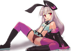 Rule 34 | 1girl, aegis (nerocc), animal ears, azur lane, bare shoulders, blush, breasts, detached sleeves, hobby (azur lane), long hair, midriff, navel, panties, rabbit ears, red eyes, silver hair, sitting, small breasts, solo, spread legs, thighhighs, tongue, tongue out, underwear