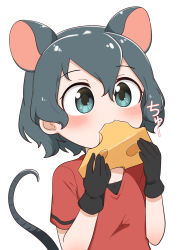 Rule 34 | 1girl, animal ears, black gloves, black hair, blue eyes, cheese, chis (js60216), commentary, eating, food, gloves, highres, holding, holding food, kaban (kemono friends), kemono friends, kemonomimi mode, looking to the side, mouse ears, mouse tail, red shirt, shirt, short hair, short sleeves, simple background, solo, tail, translated, upper body, white background