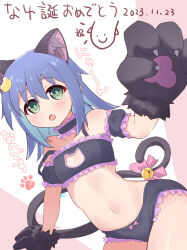 Rule 34 | 1girl, :o, animal ear fluff, animal ears, animal hands, aqua hair, bare shoulders, bell, black bra, black choker, black panties, blue hair, blush, bow, bow panties, bra, c:, cat cutout, cat ears, cat lingerie, cat tail, choker, cleavage cutout, clothing cutout, colored inner hair, commentary, cosplay, cowboy shot, dated, dot nose, flat chest, frilled bra, frilled choker, frilled panties, frills, gloves, green eyes, hair between eyes, hair ornament, highres, jingle bell, long hair, looking at viewer, meme attire, multicolored hair, navel, non105, onii-chan wa oshimai!, open mouth, oyama mahiro, oyama mahiro (cosplay), panties, paw gloves, pink background, pink bow, simple background, smile, solo, stomach, strap slip, tail, tail bell, tail bow, tail ornament, tenkawa nayuta, translated, two-tone background, two-tone hair, underwear, underwear only, white background
