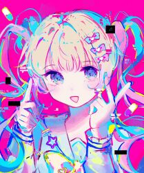 Rule 34 | 1girl, :d, blonde hair, blue bow, blue eyes, blue hair, blue shirt, bow, chouzetsusaikawa tenshi-chan, commentary, glitch, hair bow, hair ornament, hands up, heart, heart hair ornament, highres, long sleeves, looking at viewer, multicolored hair, needy girl overdose, open mouth, pill, pink background, pink bow, pink hair, purple bow, quad tails, sailor collar, seal feet, shirt, smile, solo, symbol-only commentary, twintails, upper body, yellow bow