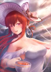 Rule 34 | 1girl, artist name, azur lane, bare shoulders, cocktail dress, cup, dress, hair between eyes, hat, highres, holding, holding cup, karkovb152, long hair, looking at viewer, monarch (azur lane), monarch (white warrick) (azur lane), purple eyes, red hair, red ribbon, ribbon, see-through, solo, sun hat, teacup, upper body, white dress, white hat
