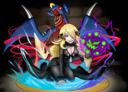 Rule 34 | 1girl, alternate breast size, black coat, black pants, black shirt, blonde hair, breasts, cleavage, closed mouth, coat, commentary request, cosmo (465lilia), creatures (company), curvy, cynthia (pokemon), dragon, fur-trimmed coat, fur collar, fur trim, game freak, garchomp, gen 3 pokemon, gen 4 pokemon, glowing, glowing eyes, grey eyes, hair ornament, hair over one eye, kneeling, large breasts, long hair, long sleeves, looking at viewer, milotic, nintendo, official style, pants, pokemon, pokemon dppt, puzzle &amp; dragons, red eyes, shiny skin, shirt, smile, spiritomb, wide hips