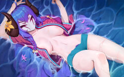 Rule 34 | 1girl, ahoge, alternate breast size, arm up, blue hair, bow, braid, breasts, commission, female pubic hair, flower, foreshortening, goat horns, hair bow, hair flower, hair ornament, hand up, highres, horns, japanese clothes, kimono, kindred (league of legends), knee up, lamb (league of legends), large breasts, league of legends, long hair, looking at viewer, mask, navel, open clothes, open kimono, orange bow, petals, pink kimono, pixiv commission, pubic hair, ribbon-trimmed kimono, shiny skin, short sleeves, smile, spirit blossom kindred, stomach, twin braids, water, yellow flower, zhengwei (nobber)