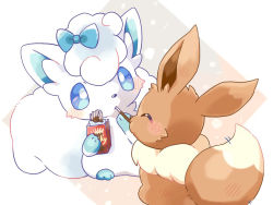 Rule 34 | 2girls, alolan form, alolan vulpix, animal focus, animal hands, blue bow, blue eyes, blush, bow, closed eyes, closed mouth, commentary, creatures (company), eevee, food, food in mouth, game freak, gen 1 pokemon, gen 7 pokemon, hair bow, hair ornament, in mouth, kana (maple926), looking at another, multiple girls, nintendo, no humans, pocky, pokemon, pokemon (creature), simple background, sitting, tail, tail wagging