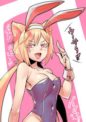 Rule 34 | 1girl, :d, animal ears, blonde hair, borrowed character, breasts, rabbit ears, cat ears, cleavage, fake animal ears, hairband, highres, long hair, medium breasts, open mouth, original, pine-chan ver. 1, playboy bunny, red eyes, smile, solo, translation request, tukiwani, wrist cuffs