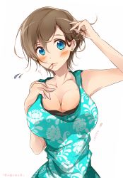 Rule 34 | 1girl, adjusting hair, bad id, bad pixiv id, bare shoulders, blue eyes, blush, breasts, brown hair, cleavage, copyright name, dress, earrings, floral print, flying sweatdrops, hand on own chest, highres, jewelry, kozakura shiori, large breasts, lips, looking at viewer, mouth hold, original, shi-2, shiori no uso wa yo no makoto, short hair, solo, upper body, white background