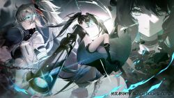 Rule 34 | 3girls, artist request, black hair, black rock shooter, black rock shooter (character), blue eyes, blue fire, boots, chain, collaboration, collar, curly hair, dead master, fire, flaming eye, green eyes, gun, heterochromia, highres, holding, holding gun, holding weapon, horns, jacket, looking at viewer, lucia: crimson weave (punishing: gray raven), mechanical parts, multiple girls, official art, open clothes, open jacket, ponytail, punishing: gray raven, rock, smile, twintails, weapon, white hair