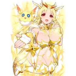 Rule 34 | 1girl, blonde hair, breasts, character request, creature, dragon tail, hatch, horns, kusaka souji, large breasts, long hair, looking at viewer, official art, open mouth, red eyes, solo, tail, transparent background, uchi no hime-sama ga ichiban kawaii, yellow theme