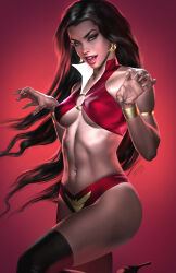 Rule 34 | 1girl, arms up, bare shoulders, black footwear, black hair, boots, breasts, crop top, earrings, gold bracelet, grey eyes, highres, jewelry, josh burns, long hair, looking at viewer, medium breasts, navel, open mouth, panties, red background, red panties, red shirt, revealing clothes, shirt, sleeveless, sleeveless shirt, solo, thigh boots, underwear, vampirella, vampirella (character)