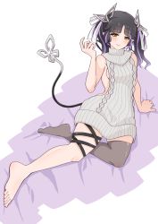 Rule 34 | 1girl, nanashi inc., aran sweater, backless dress, backless outfit, barefoot, beckoning, black hair, black ribbon, blush, breasts, cable knit, closed mouth, commentary request, demon girl, demon horns, demon tail, dress, full body, grey sweater, grey thighhighs, hair ribbon, highres, horns, kojo anna, leg ribbon, long hair, looking at viewer, medium breasts, meme attire, multicolored hair, official art, pointy ears, purple hair, ribbed sweater, ribbon, robou no stone, sideboob, single thighhigh, skindentation, smile, solo, sugar lyric, sweater, sweater dress, tail, thighhighs, turtleneck, turtleneck sweater, two-tone hair, two side up, virgin killer sweater, virtual youtuber, white ribbon, yellow eyes