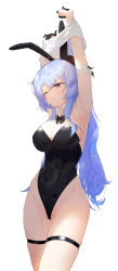 Rule 34 | 1girl, absurdres, ahoge, animal ears, armpits, blue hair, bow, bowtie, breasts, cleavage, covered navel, exdust, fake animal ears, ganyu (genshin impact), genshin impact, gloves, groin, highres, horns, leotard, long hair, looking to the side, medium breasts, no legwear, playboy bunny, purple eyes, rabbit ears, sidelocks, solo, standing, thigh strap, thighs, white background