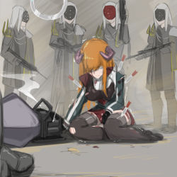 Rule 34 | 1girl, 5others, absurdres, arknights, bagpipe (arknights), bleeding, blood, blood on face, coat, grey coat, grey footwear, grey hair, grey thighhighs, gun, highres, holding, holding gun, holding weapon, horns, injury, long hair, multiple others, orange hair, red skirt, shoes, sketch, skirt, steam, thighhighs, torn clothes, torn thighhighs, weapon, wewlife