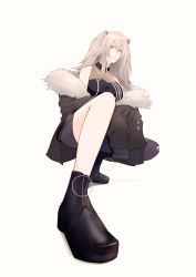 Rule 34 | 1girl, absurdres, ahoge, animal ears, bad id, bad pixiv id, bare shoulders, black footwear, black jacket, black pantyhose, black shirt, boots, breasts, cleavage, ear piercing, film grain, foreshortening, full body, fur-trimmed jacket, fur trim, grey eyes, grey hair, grey skirt, hair between eyes, highres, hololive, jacket, large breasts, light blush, lion ears, lion girl, long hair, looking at viewer, mouth hold, octaevia, off shoulder, pantyhose, perspective, piercing, see-through, see-through cleavage, shirt, shishiro botan, shishiro botan (1st costume), sidelocks, simple background, single leg pantyhose, skin tight, skirt, sleeveless, sleeveless shirt, solo, squatting, teeth hold, toothpick, torn clothes, torn pantyhose, two side up, virtual youtuber, white background