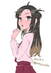 Rule 34 | 1girl, :o, black hair, brown hair, dated, double bun, dress, hair bun, hair ornament, hairclip, highres, kantai collection, long hair, long sleeves, makinami (kancolle), multicolored hair, one-hour drawing challenge, open mouth, porupurucha, purple dress, school uniform, shirt, simple background, solo, twitter username, upper body, white background, white shirt