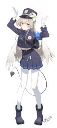 1girl absurdres angel_wings black_hat black_tail blue_archive blush commentary_request cosplay dan_nako demon_tail feathered_wings flower hair_between_eyes hair_flower hair_ornament halo hands_up hat highres hikari_(blue_archive) hikari_(blue_archive)_(cosplay) light_brown_hair long_hair long_sleeves looking_at_viewer nagisa_(blue_archive) pantyhose pink_halo simple_background skirt smile solo standing tail white_background white_pantyhose white_wings wings yellow_eyes