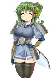 Rule 34 | 1girl, ^ ^, adapted costume, armor, ase (nigesapo), black thighhighs, breasts, closed eyes, closed mouth, commentary request, daiyousei, facing viewer, gloves, green hair, hand on own hip, highres, japanese armor, katana, kote, kusazuri, large breasts, medium hair, multiple swords, side ponytail, simple background, smile, solo, sword, thighhighs, touhou, v-shaped eyebrows, variant set, weapon, white background, wings