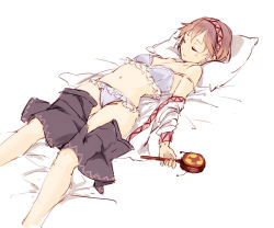 Rule 34 | 1girl, bra, brown hair, clothes pull, rattle drum, closed eyes, kagari6496, long sleeves, lying, midriff, navel, on back, open clothes, open shirt, panties, parted lips, pillow, rattle drum, shirt, short hair, simple background, skirt, skirt pull, sleeping, solo, touhou, tsukumo yatsuhashi, underwear, white background