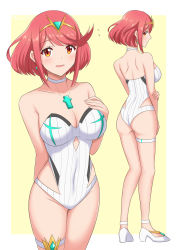 Rule 34 | 1girl, absurdres, arm behind back, ass, breasts, chest jewel, choker, cleavage, cleavage cutout, clothing cutout, collarbone, cosplay, earrings, hair ornament, high heels, highres, jewelry, large breasts, looking at viewer, mythra (radiant beach) (xenoblade), mythra (radiant beach) (xenoblade) (cosplay), one-piece swimsuit, pumps, pyra (xenoblade), red eyes, red hair, ryochan96154, short hair, smile, solo, strapless, strapless one-piece swimsuit, striped clothes, striped one-piece swimsuit, swept bangs, swimsuit, thigh strap, tiara, vertical-striped clothes, vertical-striped one-piece swimsuit, white one-piece swimsuit, xenoblade chronicles (series), xenoblade chronicles 2