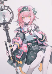 Rule 34 | 1girl, absurdres, ajirui, animal ears, arknights, black choker, black jacket, black skirt, blue bow, bow, braid, cat ears, choker, collarbone, feet out of frame, goldenglow (arknights), grey background, hair between eyes, hair bow, hair over shoulder, hand up, highres, holding, holding staff, jacket, long hair, long sleeves, looking at viewer, open clothes, open jacket, orange eyes, orb, parted lips, pink hair, puffy long sleeves, puffy sleeves, scissors, shirt, simple background, single braid, sitting, skirt, solo, staff, thighhighs, white shirt, white thighhighs