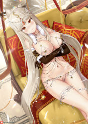Rule 34 | 1girl, bare shoulders, black gloves, breasts, cleavage, couch, elbow gloves, from above, genshin impact, gloves, grey hair, groin, hair ornament, hairpin, highres, jewelry, joko jmc, large breasts, long hair, looking at viewer, navel, ningguang (genshin impact), on couch, orange eyes, pillow, revealing clothes, sitting, smile, solo, stomach, thighs, very long hair
