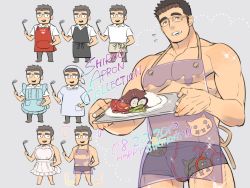 Rule 34 | 1boy, alternate costume, apron, bara, black apron, black male underwear, blue apron, boxer briefs, bulge, chibi, covered erect nipples, dated, glasses, grey background, happy birthday, heart, holding, holding tray, kappougi, kijima hyogo, ladle, long sideburns, looking at viewer, male focus, male underwear, motoori shiro, multiple views, muscular, muscular male, nearly naked apron, pectoral cleavage, pectorals, purple apron, red apron, see-through, shirt, short hair, short sleeves, sideburns, sidepec, simple background, smile, spiked hair, thick eyebrows, thighs, tokyo houkago summoners, tray, underwear, waist apron, white shirt