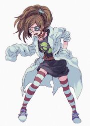 Rule 34 | 1girl, absurdres, belt, black dress, brown hair, collar, commentary request, dress, eyepatch, full body, hand in pocket, hand on own hip, highres, lab coat, long hair, looking at viewer, open mouth, original, ponytail, sharp teeth, shirt, shoes, simple background, skirt, skull print, sleeves past fingers, sleeves past wrists, smile, sneakers, solo, spiked collar, spikes, striped clothes, striped thighhighs, tachi-e, teeth, thighhighs, ttanne, white background, yellow eyes